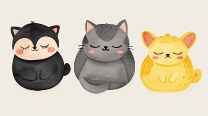 Obraz premium A cozy scene where a dog, cat, and chicken peacefully nap together, rendered in soft watercolor and gouache hues.