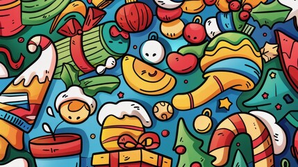 Obraz premium Celebrate the joy of the season with vibrant Happy New Year and Merry Christmas doodles in this festive illustration.
