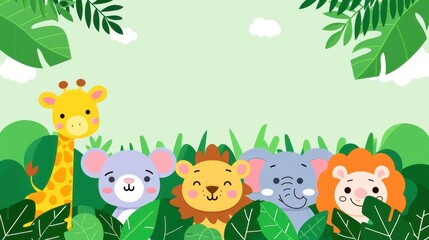 Naklejka premium Adorable jungle animals come together in a vibrant summer backdrop, perfect for a fun and cheerful vibe.