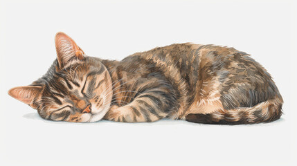 A cute gray cat snoozes peacefully against a pure white backdrop, showcasing delicate watercolor charm and whimsy.