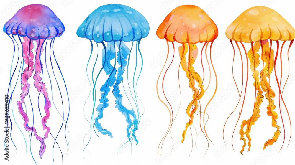 Sticker Explore the beauty of jellyfish through vibrant watercolor art that captures their grace and fluidity in the oceans embrace.