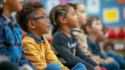 Fototapeta premium _Elementary_school_students_sit_and_listen_to