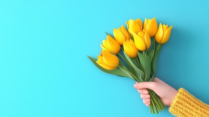 Fototapeta premium A hand cradles a vibrant bouquet of yellow tulips, perfect for celebrating love and femininity this spring.
