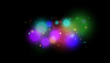 Sparkling glare light effects with colorful shimmer. Beautiful lens flare effect with bokeh, glittery particles and rays. Shining abstract background. Vector illustration	
