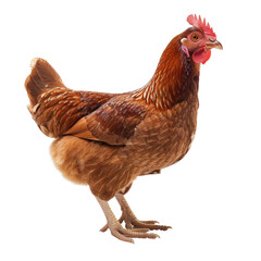 A chicken stands on a white background