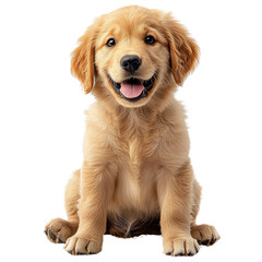 A cute golden retriever puppy sitting with a joyful expression, showcasing its soft fur and playful demeanor