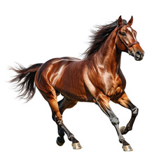 Obraz premium A majestic brown horse gallops gracefully, showcasing its strong physique and flowing mane. The image captures the beauty and power of the animal in motion