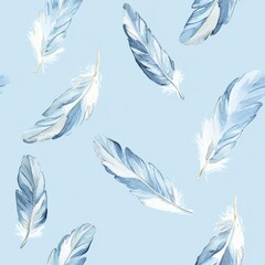 Watercolor eagle feathers on sky blue backdrop seamless repeating pattern, minimal pattern, high contrasty 