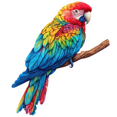 Fototapeta premium A vibrant, colorful parrot perched on a branch, showcasing an array of bright feathers in red, yellow, green, and blue, highlighting its detailed and artistic design