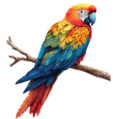 A vibrant illustration of a multi-colored parrot perched on a branch, showcasing its striking feathers and intricate details