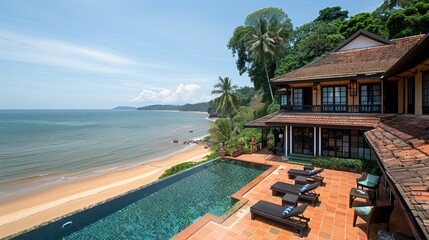 Fototapeta premium Luxurious beachfront villa with infinity pool overlooking the ocean, surrounded by lush greenery and a clear blue sky.