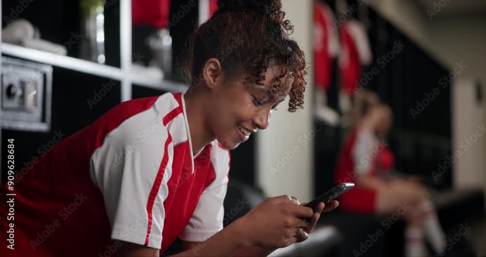 Poster woman, app and smile for cellphone, athlete and communication with contact for match in locker room.