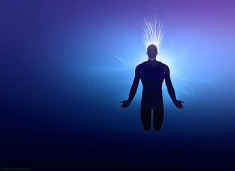 Obraz premium A digital male figure with glowing hair, suspended in a cosmic purple background.