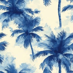 Watercolor beaches and palm trees seamless repeating pattern, minimal pattern, high contrasty 