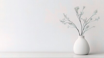 Minimalist Serenity: A single white vase with delicate dried flowers graces a pristine white shelf, offering a tranquil space for text or design. 