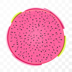 Fresh red dragon fruit, isolated on transparent background. Half of Pitaya, cut pitahaya with red flesh and black seeds. Exotic dragon fruit cross section. Tropical vitamin food. Realistic 3d vector.