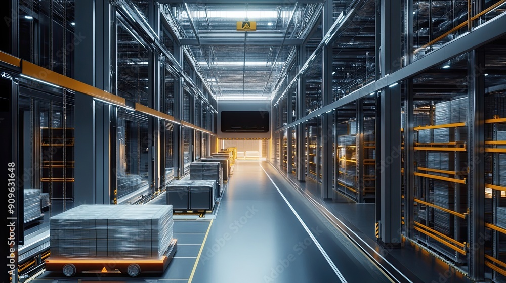 Poster automated pallet storage and retrieval system in modern warehouse