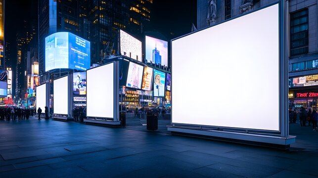 Illuminated Blank Billboards Dominating the Nighttime Cityscape of Times Square in New York City