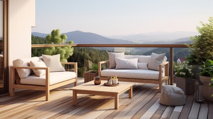 Fototapeta premium Elegant decorated balcony with rattan outdoor furniture, bright pillows and plants. Interior design terraces