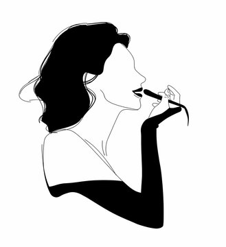recommend clip art: Elegant woman applying lipstick with a sophisticated pose.