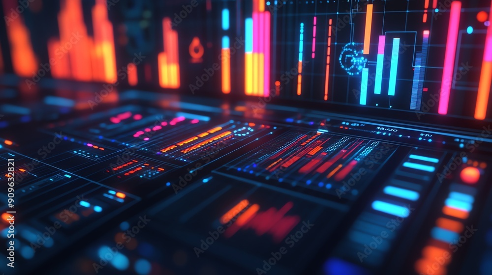 Poster Futuristic Digital Interface with glowing lines and bars.