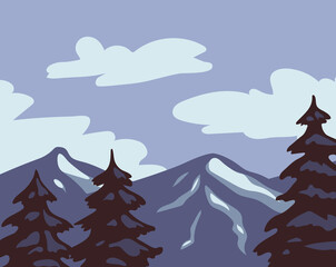 Vector wildlife landscape with mountains, fir trees and clouds in retro style for tourist designs