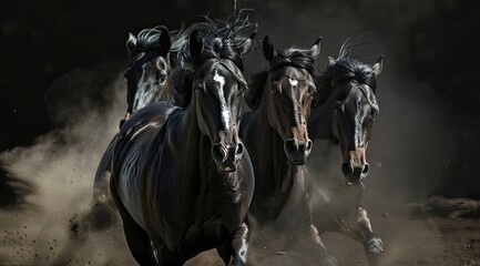 Black Horses Running Through Dust With Dark Background