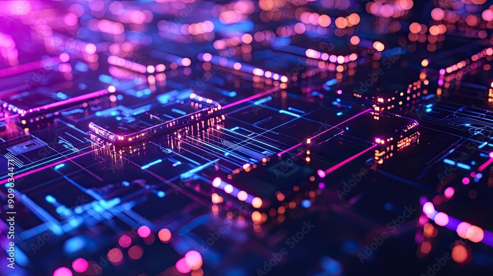 Poster abstract circuitry with neon lights and bokeh