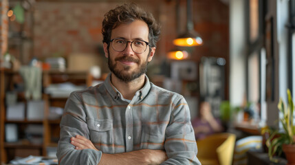 Fototapeta premium Professional portrait of a business man with a creative twist, vibrant office environment. Startup and small business entrepreneur with happiness and business growth feeling working success