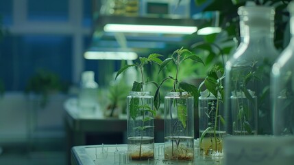 Laboratory botanist conducting research on plant growth: biotechnology scientist examining seedlings and plant samples in a controlled environment for scientific studies on sustainable agriculture and