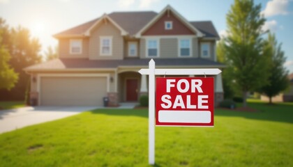 Suburban home with a large yard and a 'For Sale' sign out front on a sunny day.