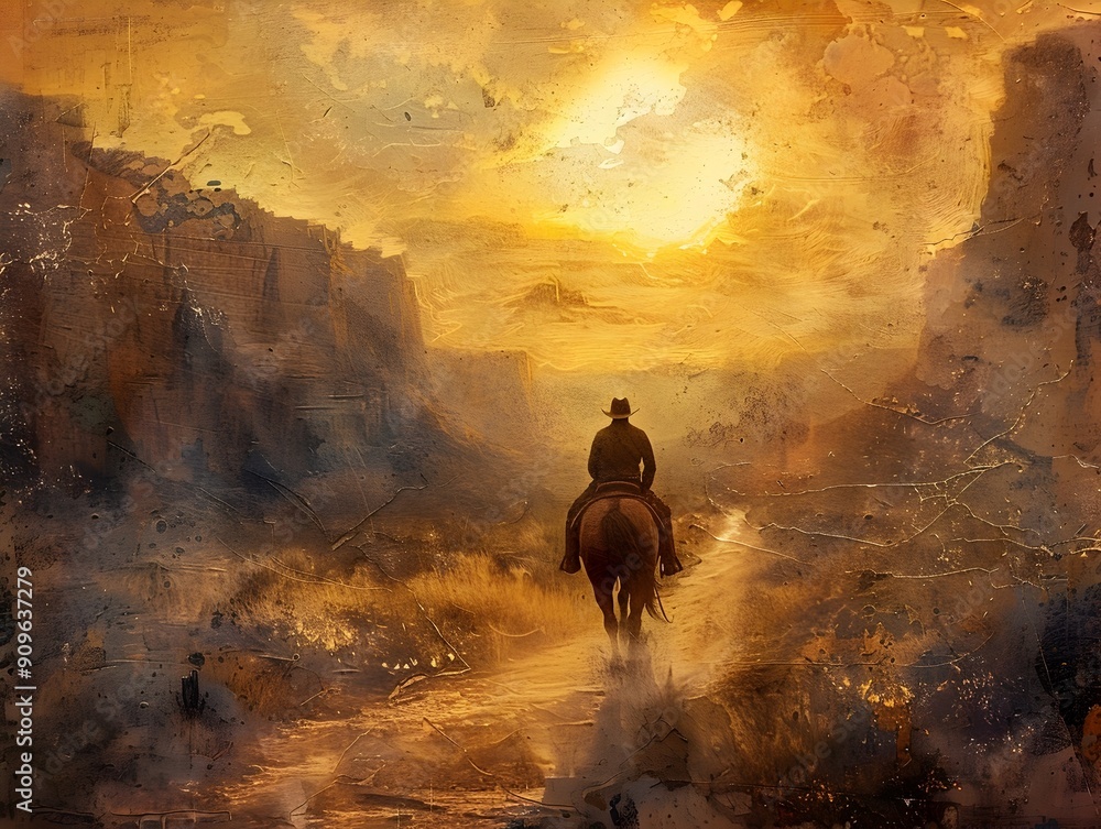 Poster Rugged Cowboy Riding Through Dramatic Desert Canyon Landscape at Sunset