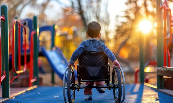 A child in a wheelchair enjoys a sunny day at the playground. AI.