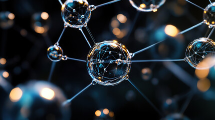 Close-up of a molecular structure with connecting lines, illuminated on a dark background, representing scientific and technological concepts