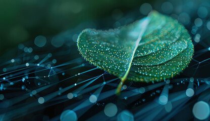 Leaf featuring a network of interconnected glowing blue dots. Dark background. Concept of nature and technology integration