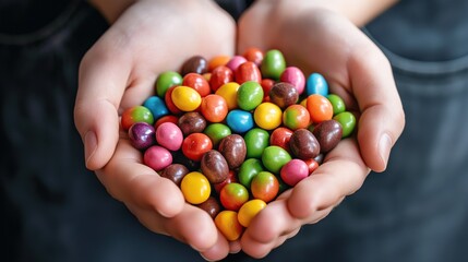A pair of hands cradles a vibrant assortment of candies in a variety of colors, showcasing a joyful display perfect for sharing during a festive occasion