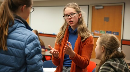Teacher leading a classroom discussion, engaging students in active learning and participation