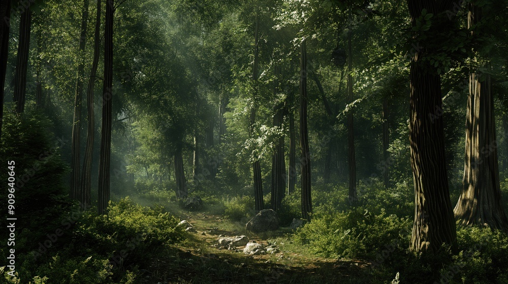 Poster sunlight streams through the dense canopy of a forest, illuminating a path that winds through the tr