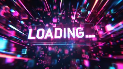 A neon loading animation with LOADING... in digital font on black background. Pixelated squares and lines move rapidly in the background