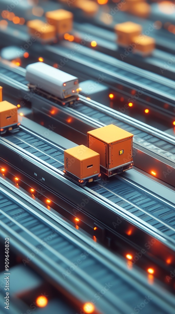 Poster automated conveyor system with cargo boxes.