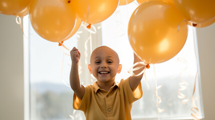 a girl with childhood cancer being treated in a hospital receives gifts and balloons. Chemotherapy drip