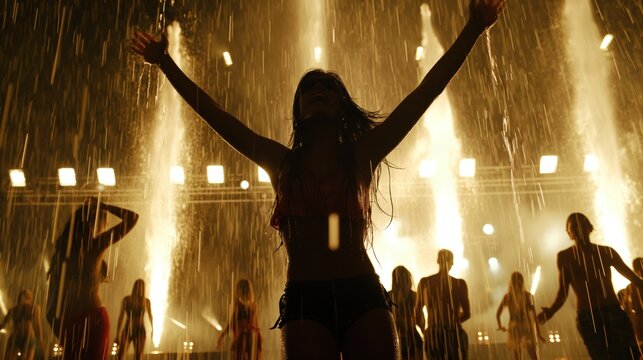 Dancing girl black t-shirt in the rain at defcon open air techno festival
