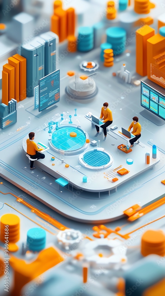 Poster isometric illustration of people working on data center.