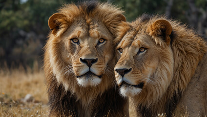 Fototapeta premium The image shows two lions, both with thick manes, looking directly at the viewer.