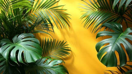 Bright yellow painted wall framed with green tropical palm leaves, sunlight with shadows patterns, summer background.