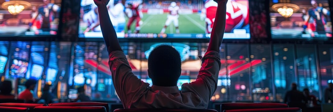 Sports betting concept with man watching game, statistics and competition in casino setting