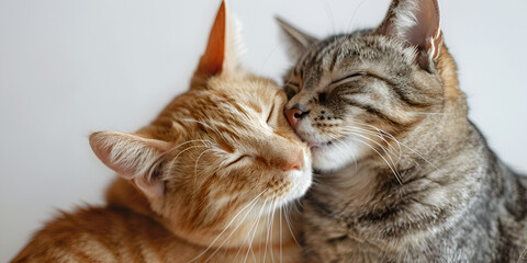 Naklejka premium Closeup of Two Adorable Cats Hugging - Heartwarming Feline Companionship and Love, Perfect for Pet Lovers and Animal Companionship Themes