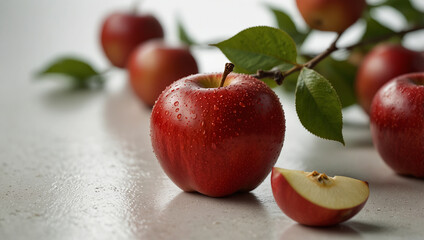 There are five red apples with green highlights, some with water droplets, on a white surface.