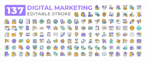 Digital marketing colorful icons big set. Feedback customer. Cyber security, delivery. AI ecommerce online shopping iconset color linear symbols. Vector isolated flat illustrations. Editable stroke