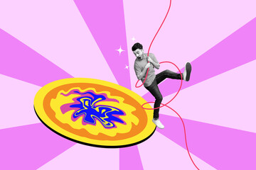 Composite collage image picture of mini guy hang rope painted pizza isolated on creative background
